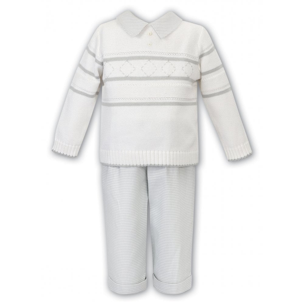 Boys 2 Piece Set, Fine Checkered Trousers with Long Sleeved, Knitted Detailed Jumper, Contrasting Fabric Peter Pan Collar