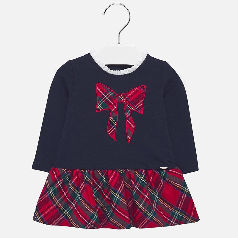 Girls Long Sleeved Dress with Plain Top, with Trim on Neck and Detailed Applique Tartan Bow, Full Tartan Skirt. Back Zip Fastening