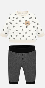 Baby Boys Set, Long Sleeved Round Neck T-Shirt with Stars and Teddy Detail and Contrasting Jogger Bottoms in Soft Cotton