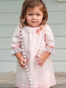 Girls Long Sleeved A-Line Dress with Delicate Lace and Velvet Bow Detail to Neckline and 3/4 Sleeves. Pretty Floral Detail