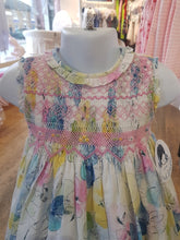 Girls Sleeveless Cotton Print Dress with Frilled Round Neck, Hand Smocked, Embroidered, Applique Detailed Bodice