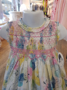 Girls Sleeveless Cotton Print Dress with Frilled Round Neck, Hand Smocked, Embroidered, Applique Detailed Bodice