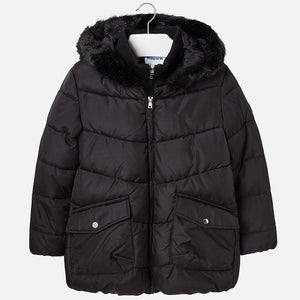 Girls Shimmery Effect Padded Coat with Front Pockets and Fur Trimmed Hood