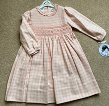 Girls Long Sleeved Dress in Delicate Checked Fabric. Smocked and Embroidered Detailed Top, Detailed Trim Round Neck