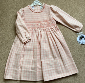 Girls Long Sleeved Dress in Delicate Checked Fabric. Smocked and Embroidered Detailed Top, Detailed Trim Round Neck