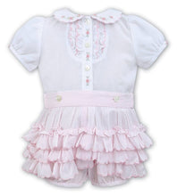 Beautiful Frilly Jam Pants with Delicate Embroidered Short Sleeved Button Front Blouse with  Peter Pan Collar