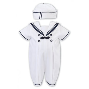 Baby Boys Sailor Style Short Sleeved Romper Detailed Pleated Front Panel with Contrasting Trim and Buttons, Matching Hat