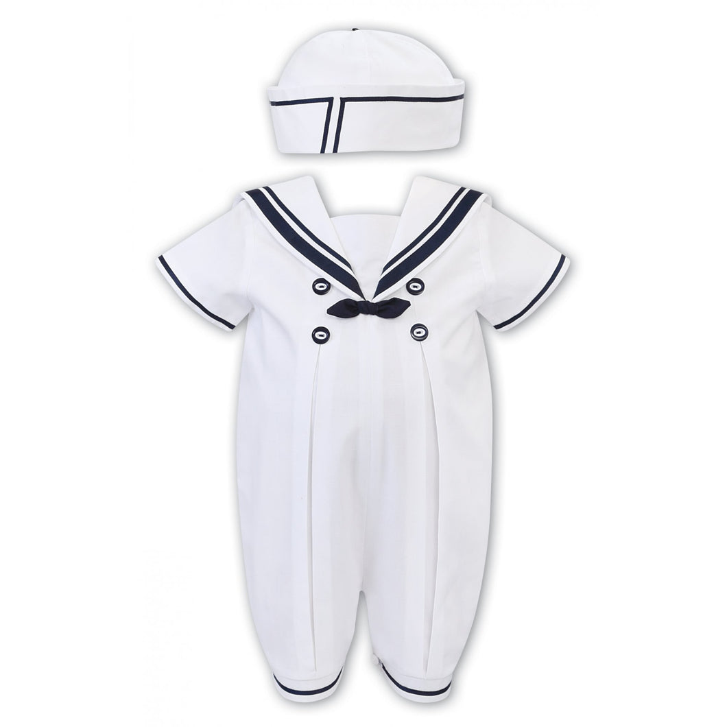Baby Boys Sailor Style Short Sleeved Romper Detailed Pleated Front Panel with Contrasting Trim and Buttons, Matching Hat