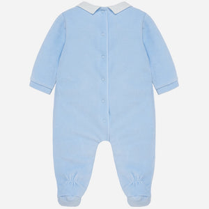 Baby Boys Soft Velvety Romper with Embroidered Cars, Contrasting Shirt Style Collar with Button Detail Front