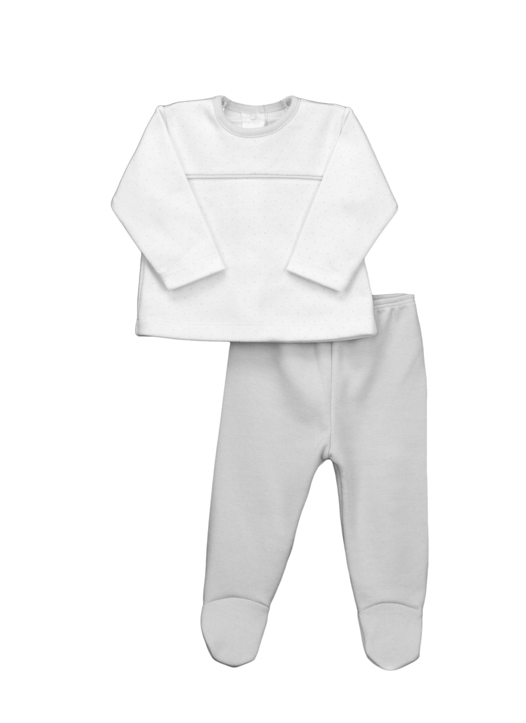 Baby Boys Set with Long Sleeved Spotted Top with Contrasting Trim on Neckline and Chest and Plain Bottoms with Feet.in Soft Cotton Gift Box