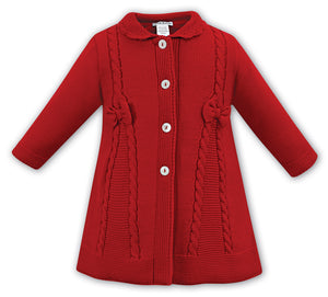 Baby Girls Cable and Bow Detailed Full Length Coat with Scalloped Edge Collar