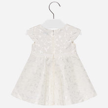 Baby Girls Delicate Jacquard Sheen Fabric Sleeveless Dress, Fitted to Waist with A Line Skirt. Button and Bow Detail onFront