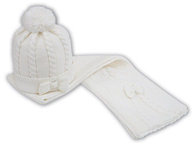 Baby Girls Chunky Cable Knit Pom Hat and Scarf Set with Knitted Bow Detail on Front of Hat