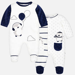Baby Boys Applique Detailed Set of Two Super Soft Rompers. Gift Boxed