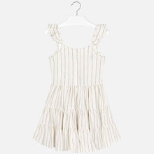 Girls Ruffled Strap Metalic Stripped Dress with Front Fastening Buttons, Fitted Waist and Open Back with Bow Detail