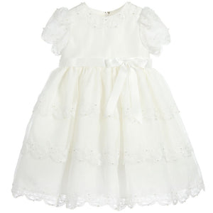 Girls Ceremonial Ballerina Length Dress. Short Puffed Sleeves Adorned Pearls with Delicate Lacey Embroidery.