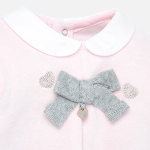 Baby Girls Romper in Soft Velvety Fabric, Contrasting Embroidered Hearts and Applique Bow with Peter Pan Collar
