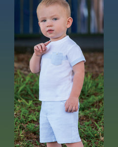 Boys Stripped Shorts with Side Pockets and Adjustable Waistline, Short Sleeved T-Shirt with Contrasting Trim, Breast Pocket.