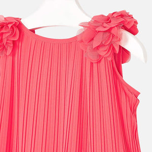 Girls Delicate Flowing Pleated Chiffon Dress with Decorative Ruffles on Strappy Sleeve and Layered Hemline
