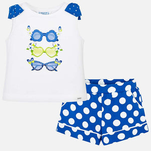 Girls Shorts Set with Polka Dot Shorts and Sleeveless T-Shirt with Bow Detail on Shoulders and Sunglasses Print on Front