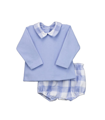 Baby Boys 2 Piece Short Set, Plain Long Sleeved Top with Contrasting Checked Collar with Matching Checked Shorts in Soft Fabric