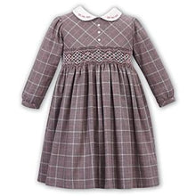 Girls Long Sleeved Traditional Hand Smocked Embroidery Dress, Contrasting Embroidered Peter Pan Collar. Front Button Detail.