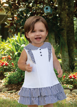 Girls Sleeveless Dress, White with Striped Double Frills to Hemline, Collar and Chest Detail, Front Button Detail