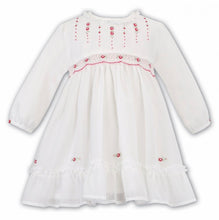 Baby Girls Voile Long Sleeved Traditional Dress, Hand Smocked and Embriodered Applique Detail with Detailed Frilled Hemline