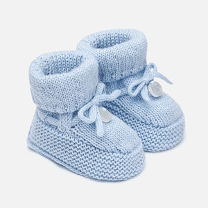 Delicate Knit Baby Booties, Made with Breathable Organic Cotton. Decorative Knit and Bow Detail. Gift Boxed