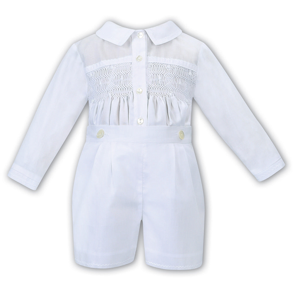 Baby Boys Traditional Hand Smocked, Embroidered Long Sleeved Shirt with Detailed Collar and Attatched Short Pants