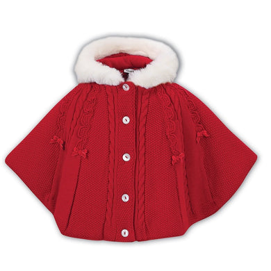 Girls Fully Lined Cable and Bow Detailed Knitted Poncho Fuax Fur Hood with Back Belt Detail and Front Buttons