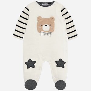 Baby Boys Soft Cotton Romper Striped Sleeves, Feet and Patch Knee Detail with Applique Embroidered Teddy on the Front