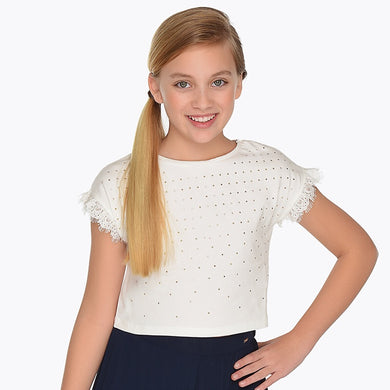 Girls Studded Front Round Neck T-Shirt with Lace Detailed Short Sleeves. Soft Stretch Cotton Fabric