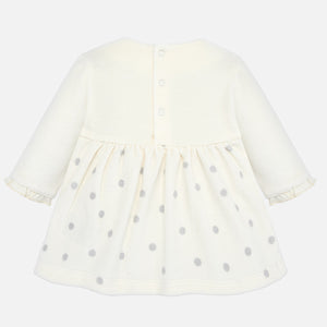 Baby Girl Soft Velour Polka Dot Cotton Dress with Attatched Trimmed Bolaro Top and Matching Bow Headband