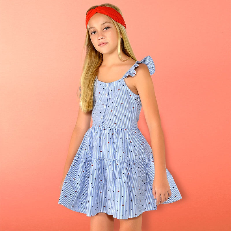 Girls Striped with Stars Dress in Poplin Fabric Fitted to Waist with Tiered Skirt. Button Front Fastening with Bow Detail