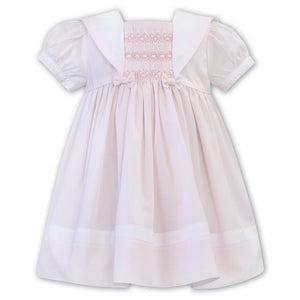 Baby Girls Short Sleeved Saior Style Dress Hand Smocking Detail, Embriodered Stitching with Trim and Bow Detail