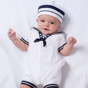 Boys Sailor Style Short Sleeved Romper with Matching Hat Contrasting Trim, Button and Bow and Front Pleated Detail