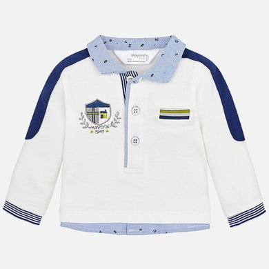 Boys Long Sleeved Polo Shirt with Contrasting Shirt Collar and Hemline, Detailed Embroidered  Applique Chest Badge