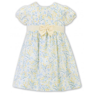 Girls Short Sleeved Dress with Trim Detail, Large Lemon Bow Trim above The Waist with Full Skirt