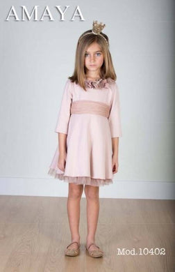 Girls Long Sleeved Dress in Soft Fabric, Shimmer Net Trim on underskirt and Waist Bow Tie, Applique Flower on Neckline