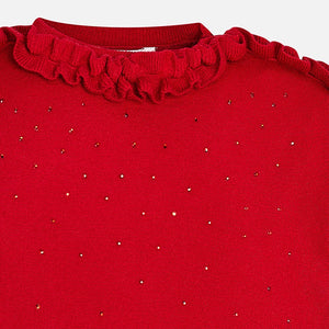 Girls Strass Ruffles, Fine Knit, Long Sleeved, Round Neck Sweater with Gem Detailed Front