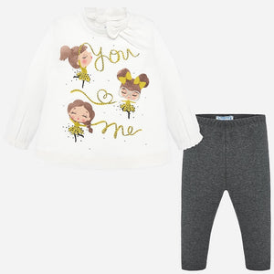 Girls Legging Set in Soft Stretch Cotton Long Sleeved Applique and Shimmer Detailed T Shirt and Contrasting Leggings