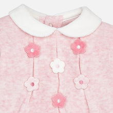 Baby Girls Velour Romper with Flowered Applique Detail Front and White Peter Pan Collar