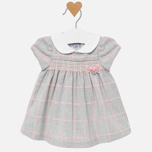 Baby Girls Short Sleeved Plaid Dress. Front Smocking Detail with Applique Bow, Contrasting Round Collar, Lined