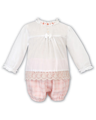 Girls 2 Piece Set, Blouse with Frilled Detailed Embroidered Trim Neckline and Sleeves and Pretty Lace Trim, Peach Checked Shorts