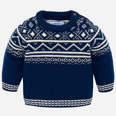 Boys Knitted Jacquard Detailed Sweater with Round Neckline and Side Button Opening