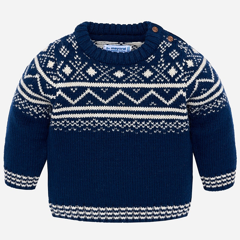 Boys Knitted Jacquard Detailed Sweater with Round Neckline and Side Button Opening