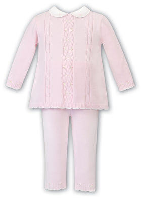 Girls Cable and Applique Detailed Fine Knit Trousers and Long Sleeved Top with Embroidered Cotton Peter Pan Collar