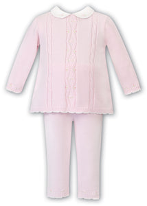 Girls Cable and Applique Detailed Fine Knit Trousers and Long Sleeved Top with Embroidered Cotton Peter Pan Collar