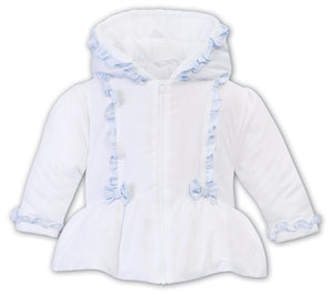 Girls Quilted Hooded Jacket, Peplum Waist, Contrasting Trim and Bow Detail to Front, Trim on Sleeves and Hood